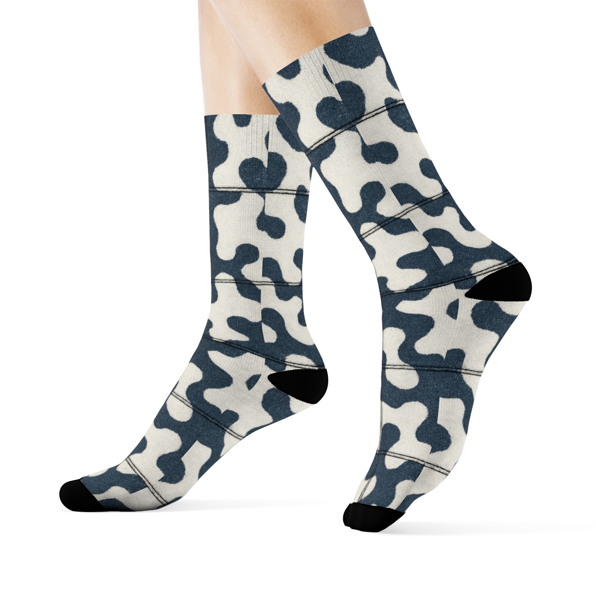 Denim Patchwork Cow Spot Overlay With Bandana Corner Knots unique graphic crew socks