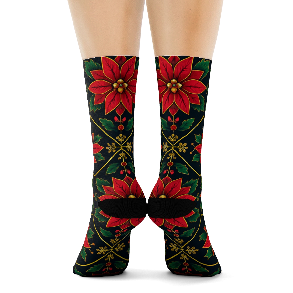 Poinsettia Star Lattice On Midnight Snow premium sports crew socks