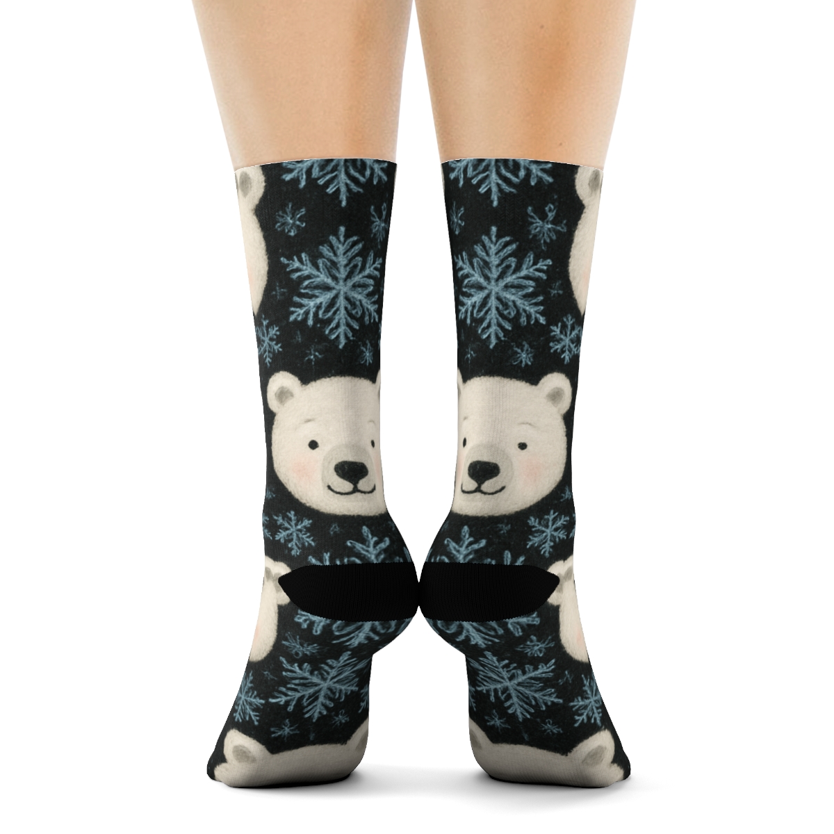 Polar Bear Faces With Snowflake Overlay On Midnight Black Background custom crew socksPolar Bear Faces with Snowflake Overlay on Midnight Black Background Crew Socks - Image 4