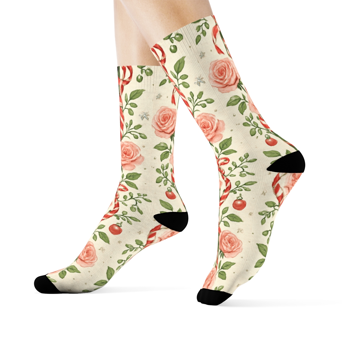 Candy Cane Rose Vines Stripe Repeat On Warm Ivory Background designer printed crew socks