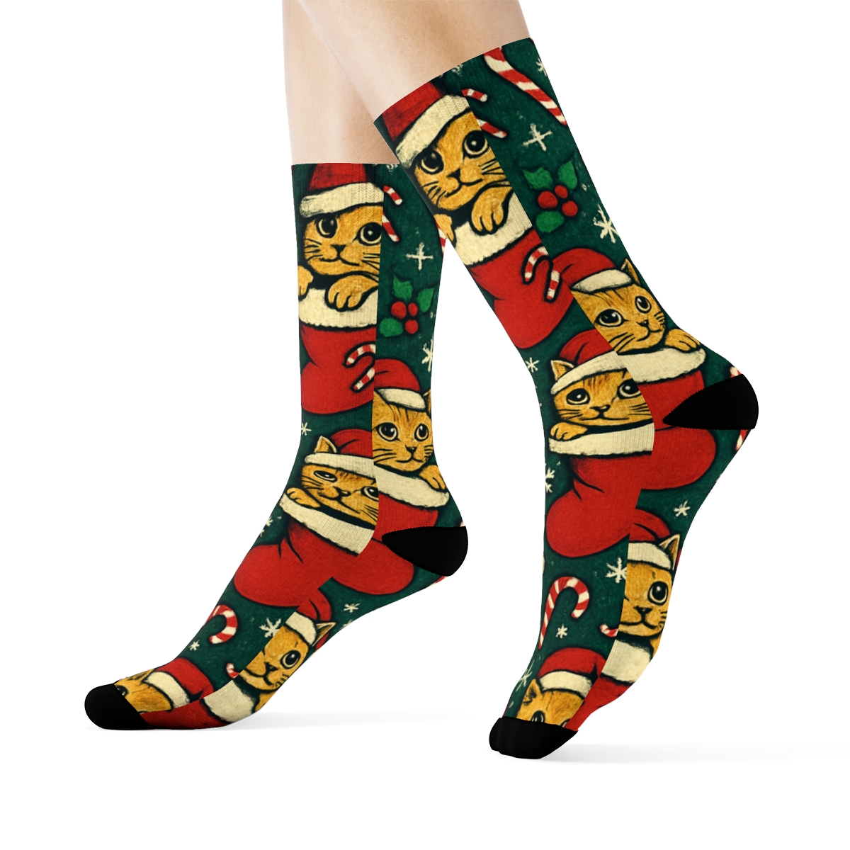 Festive Space Cat Stockings Tessellation On Midnight Green Background stylish athletic crew socks