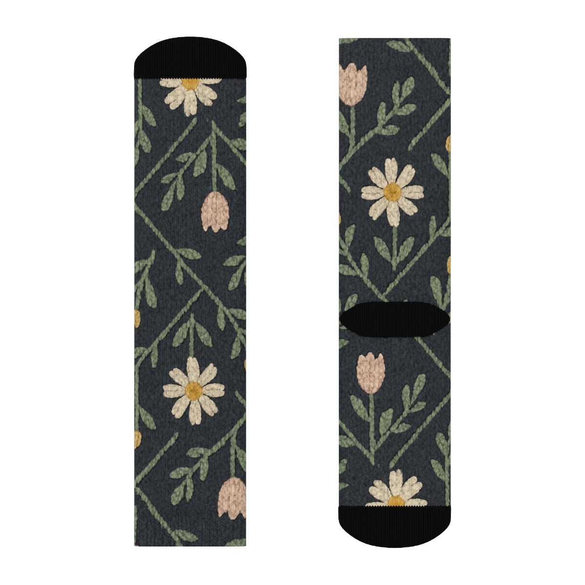 Sage Wildflower Knit Illusion Lattice On Charcoal Background designer printed crew socks