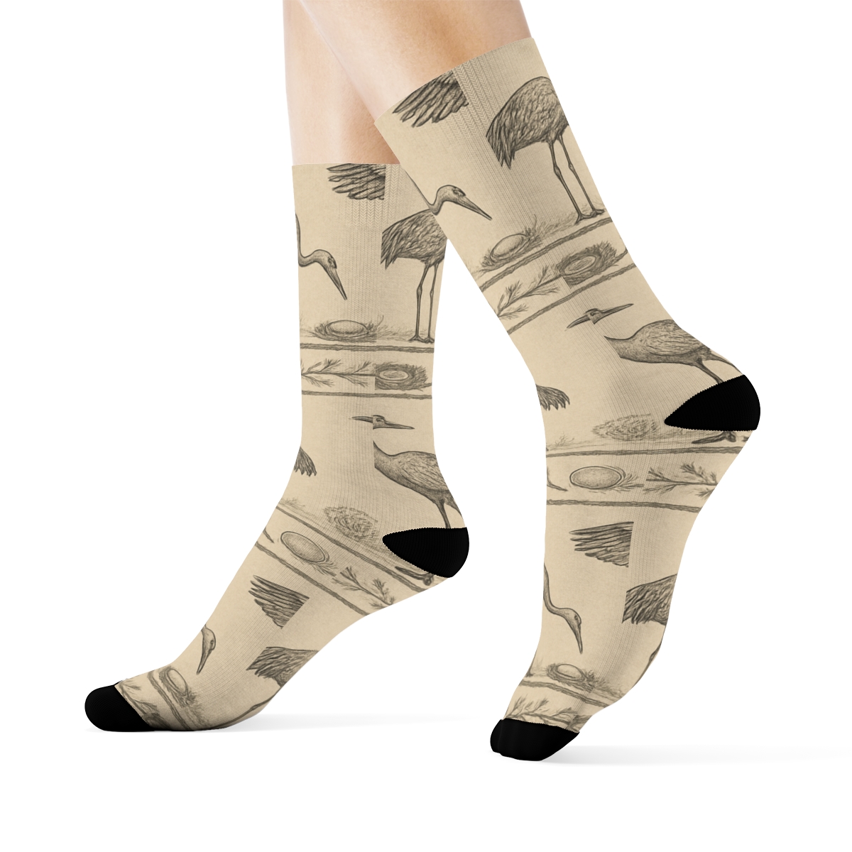 Elegant Crane Branch Band Pattern On Beige Background soft everyday crew socks