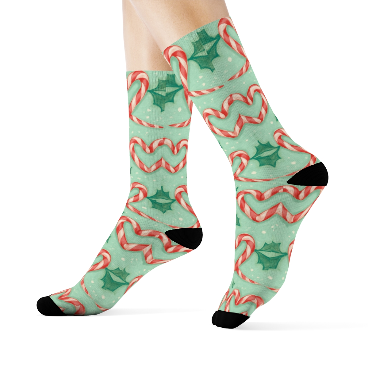 Candy Canes Heart Garland On Mint Field soft everyday crew socks