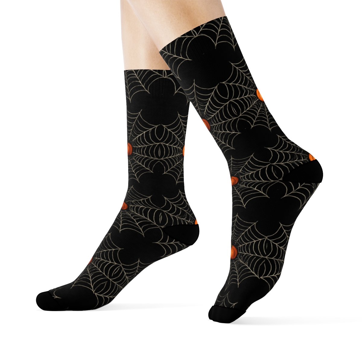 Spider Web Circle Medallions With Pumpkin Centers On Black unique graphic crew socks