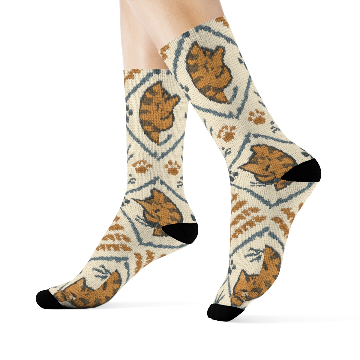 Knitted Lattice Cat And Yarn Tiles stylish athletic crew socks