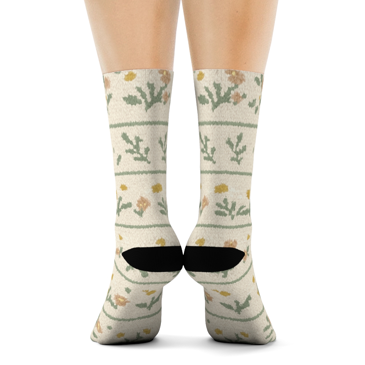 Sage Wildflower Knit Illusion Stripe Repeat On Warm Cream Background soft everyday crew socks