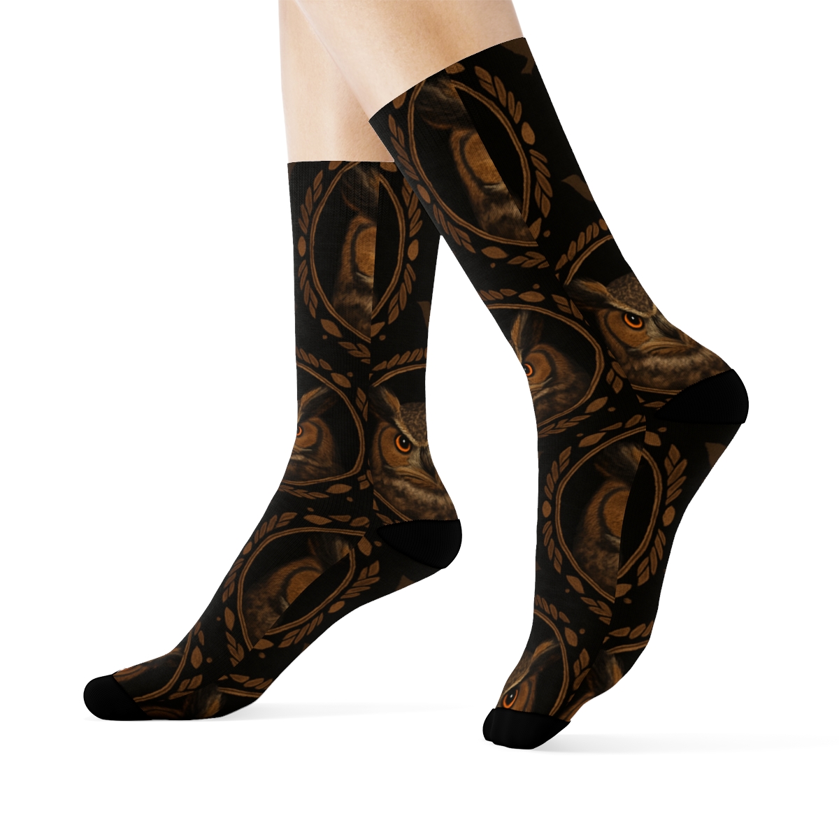 Great Horned Owl Portrait Medallions On Black Background designer printed crew socks