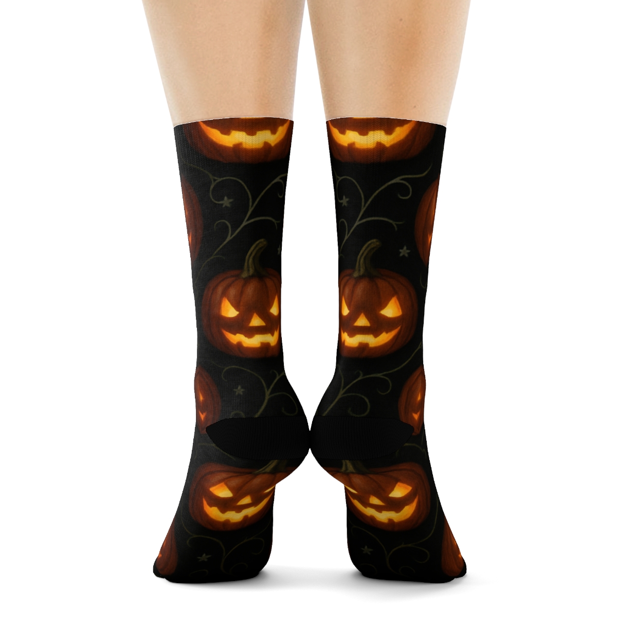 Glowing Pumpkin Tessellation On Black Background designer printed crew socks