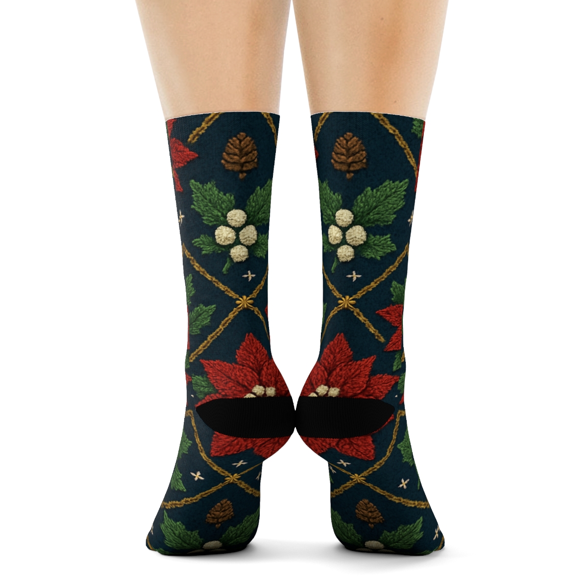 Navy Poinsettia Holly Knit Lattice designer printed crew socks