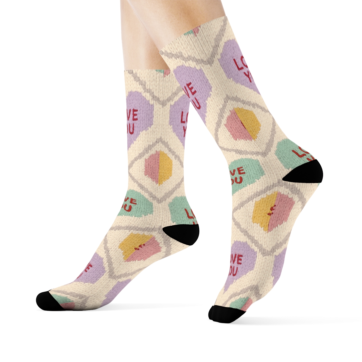 Valentines Candy Heart Knit Illusion Lattice Pattern stylish athletic crew socks