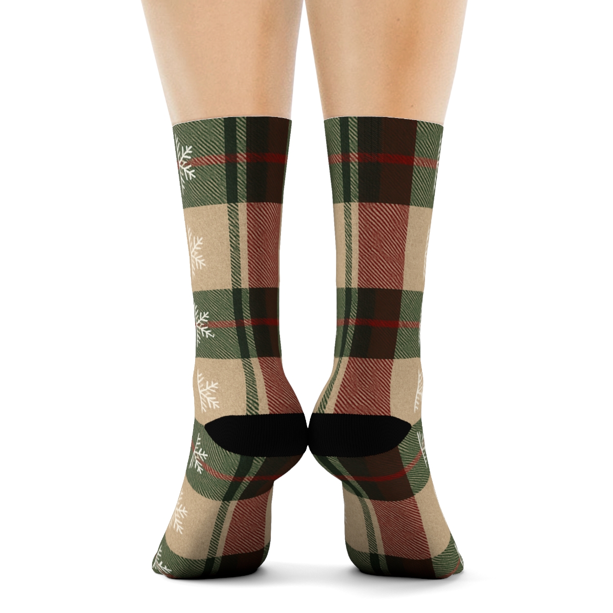 Cozy Cabin Holiday Plaid With Snowflake Overprint designer printed crew socks