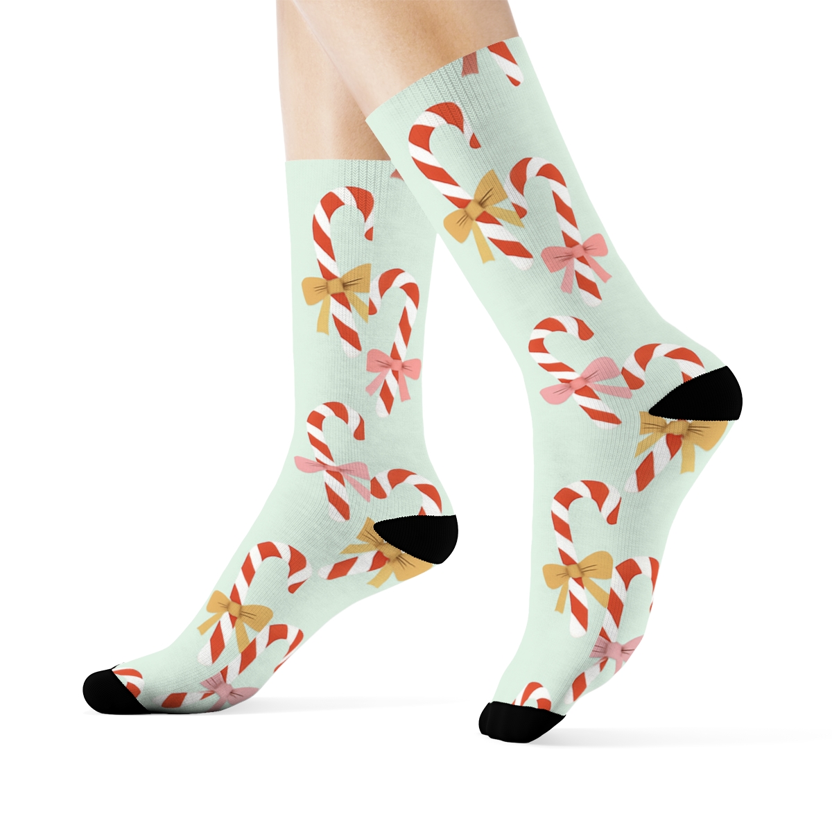 Minimalist Mint Field With Ribbon Candy Canes Scatter soft everyday crew socks