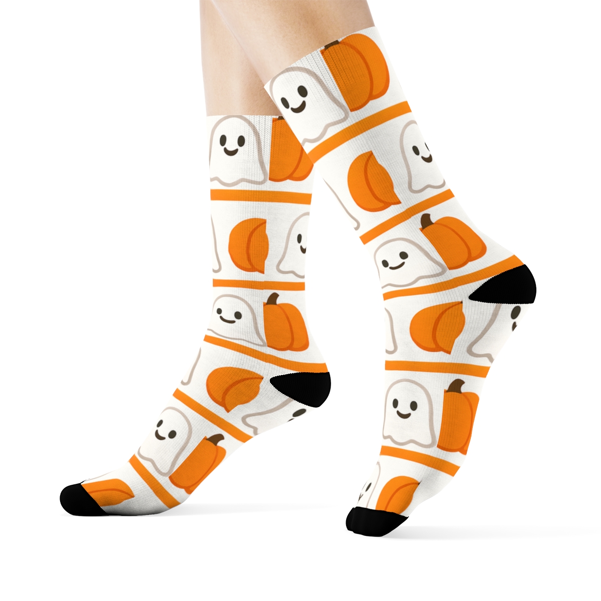 Ghost And Orange Pumpkin Alternating Stripes On White Background premium sports crew socks