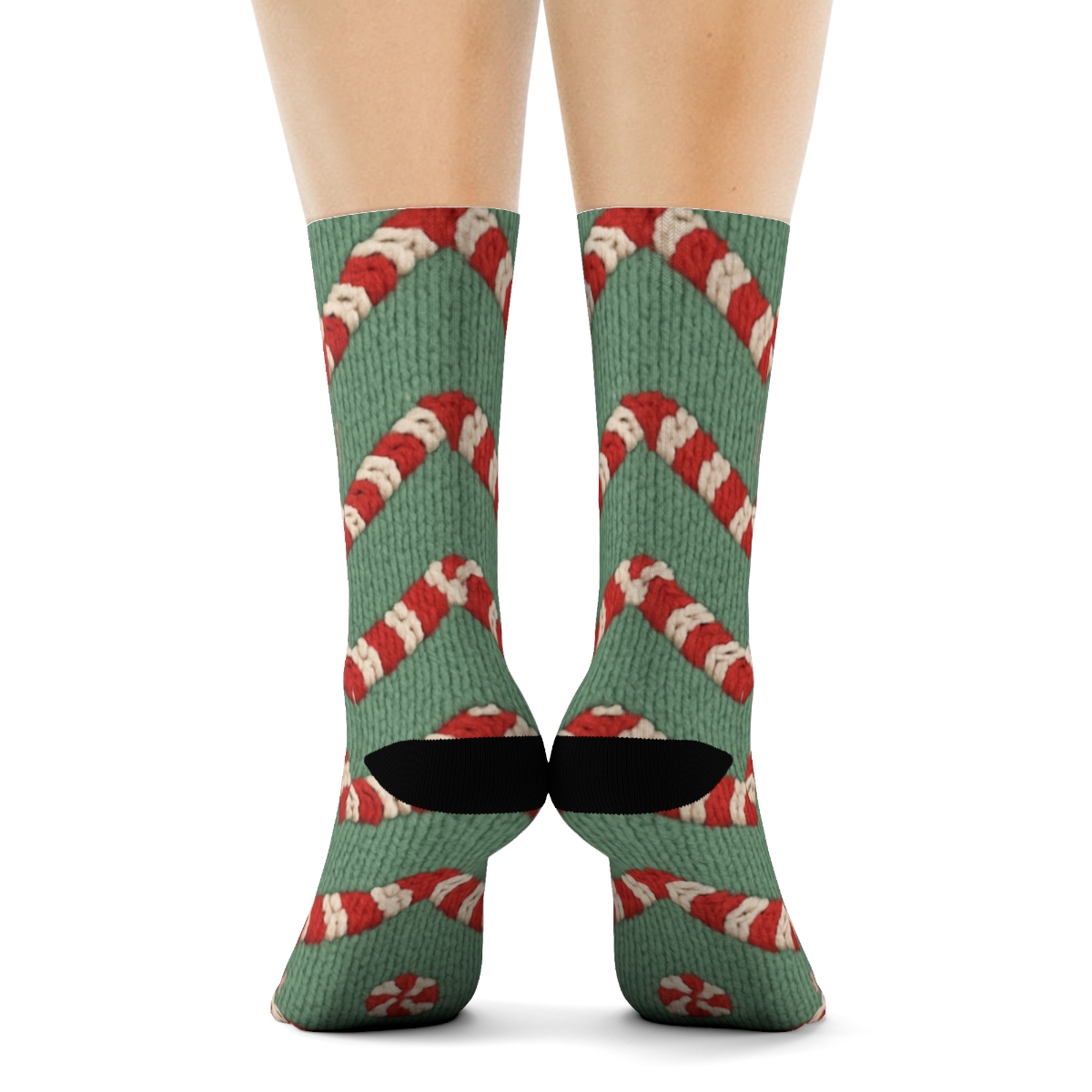 Knitted Candy Canes Chevron On Mint Background soft everyday crew socks