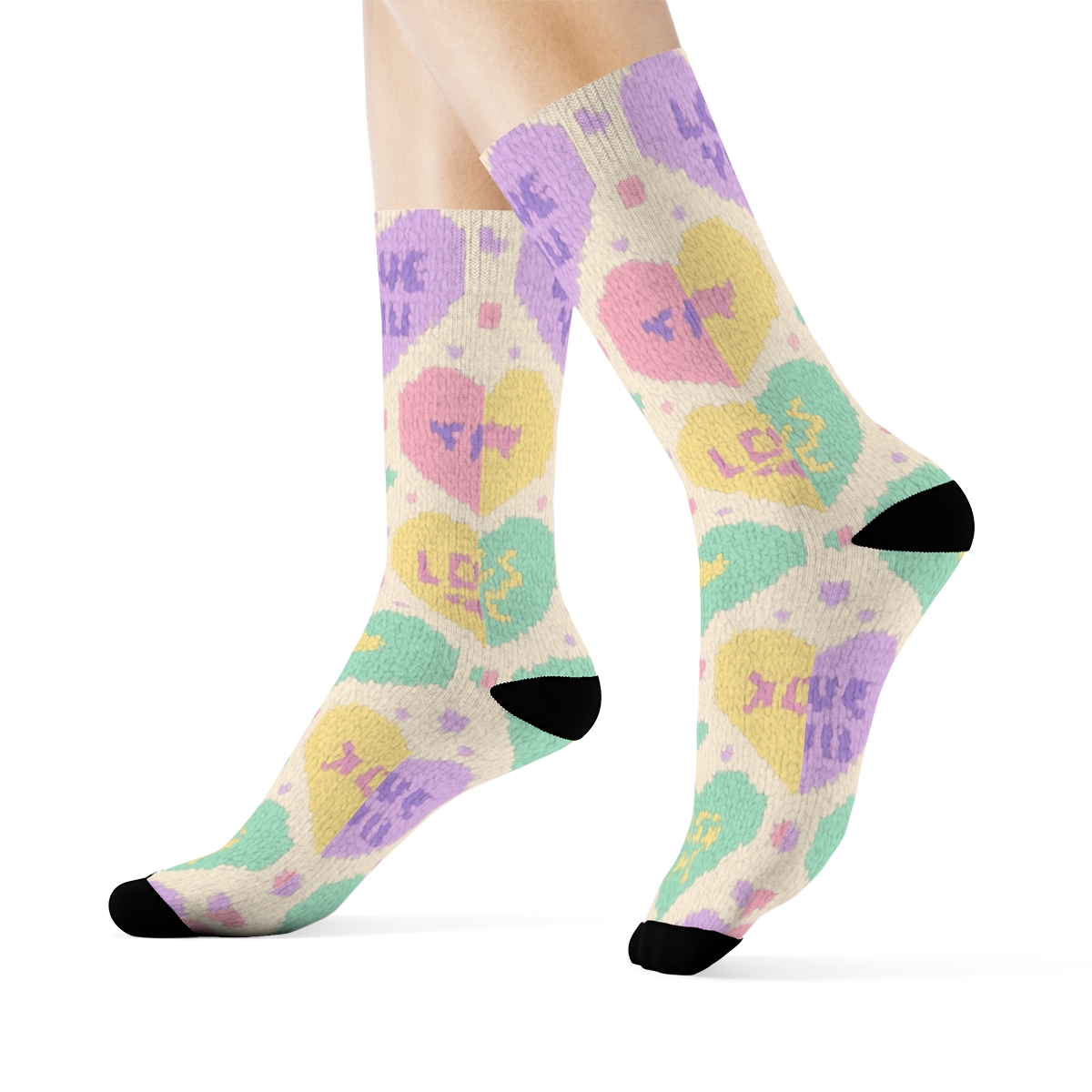 Candy Heart Knit Illusion With Valentines Candy Heart Motifs comfortable cotton crew socks