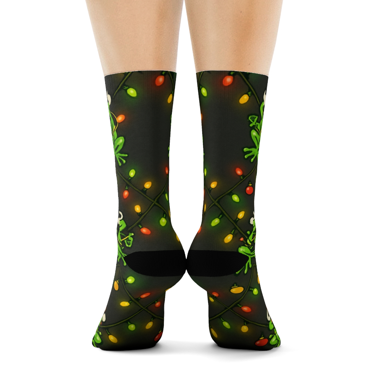 Festive Frog Christmas Lights Lattice designer printed crew socks