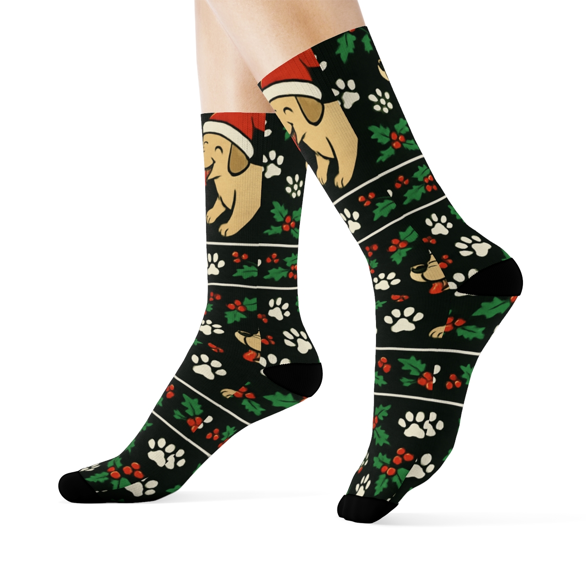 Holly Paw Print Texture Bands With Dogs On Black Background soft everyday crew socks