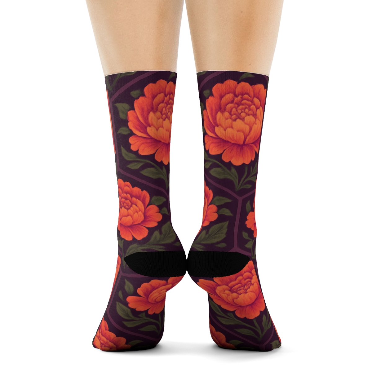 Sunset Peony Medallion Tessellation On Deep Plum Background premium sports crew socksSunset Peony Medallion Tessellation on Deep Plum Background Crew Socks - Image 4
