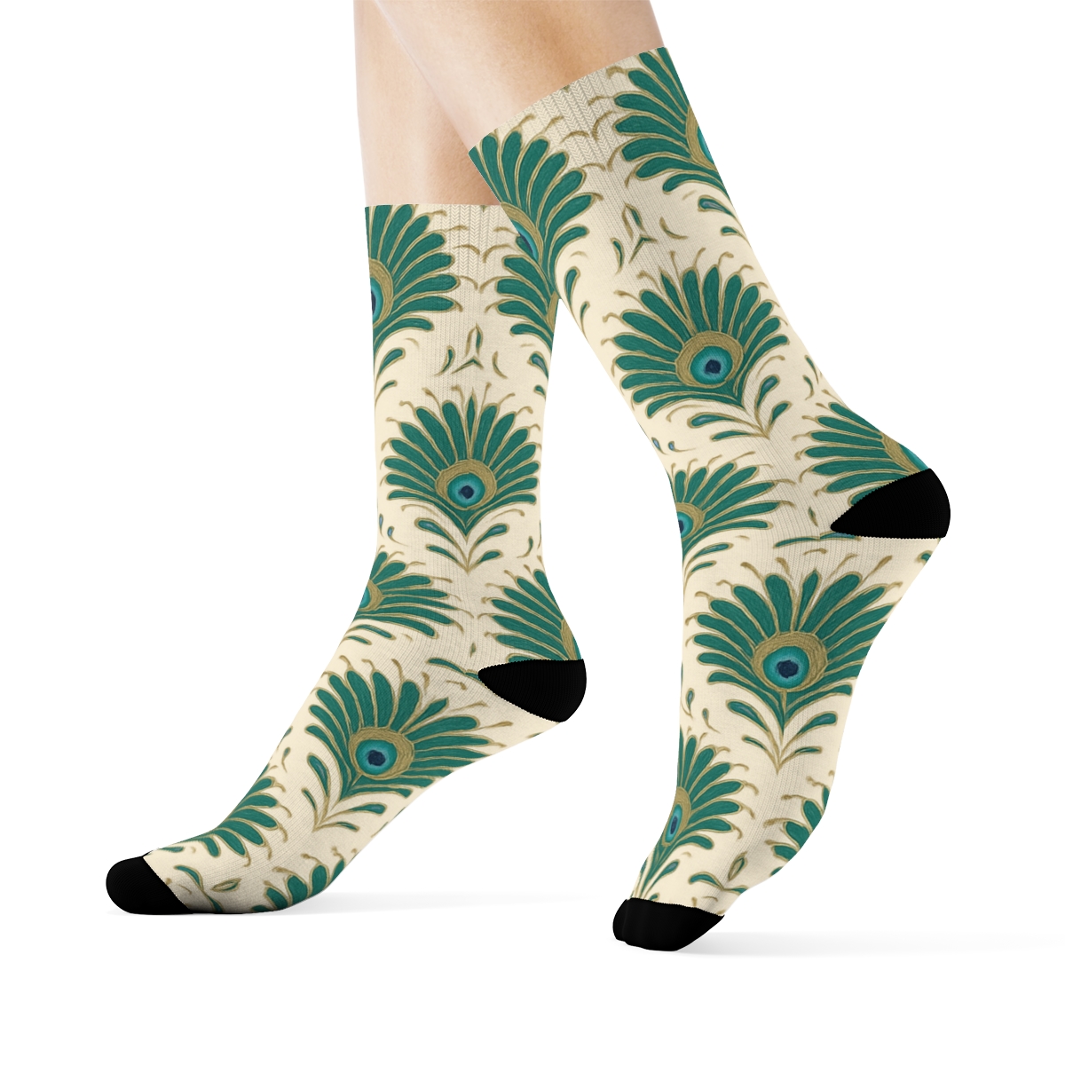 Peacock Tail Fan Radial Bursts On Ivory personalized crew socks