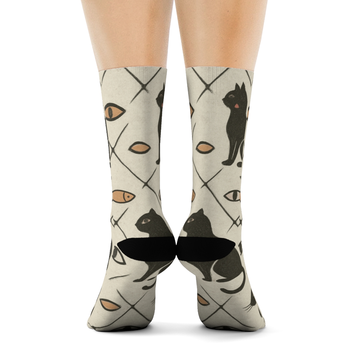 Vintage Poster Look With Cat Silhouette Lattice In Charcoal personalized crew socks