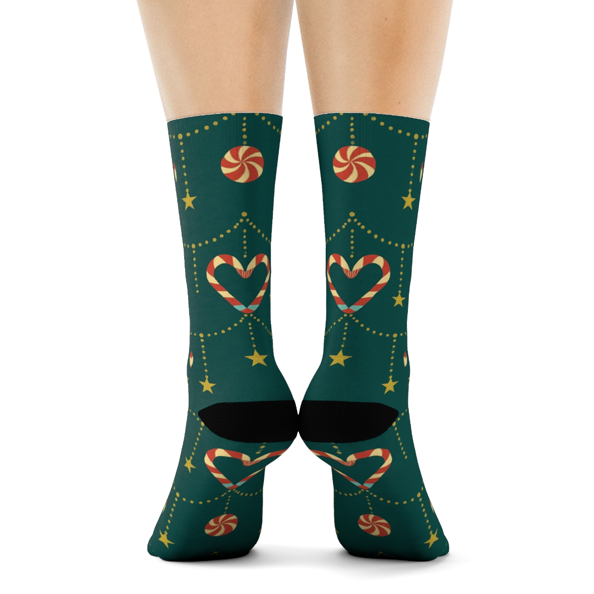 Candy Canes Heart Garland On Winter Teal unique graphic crew socks