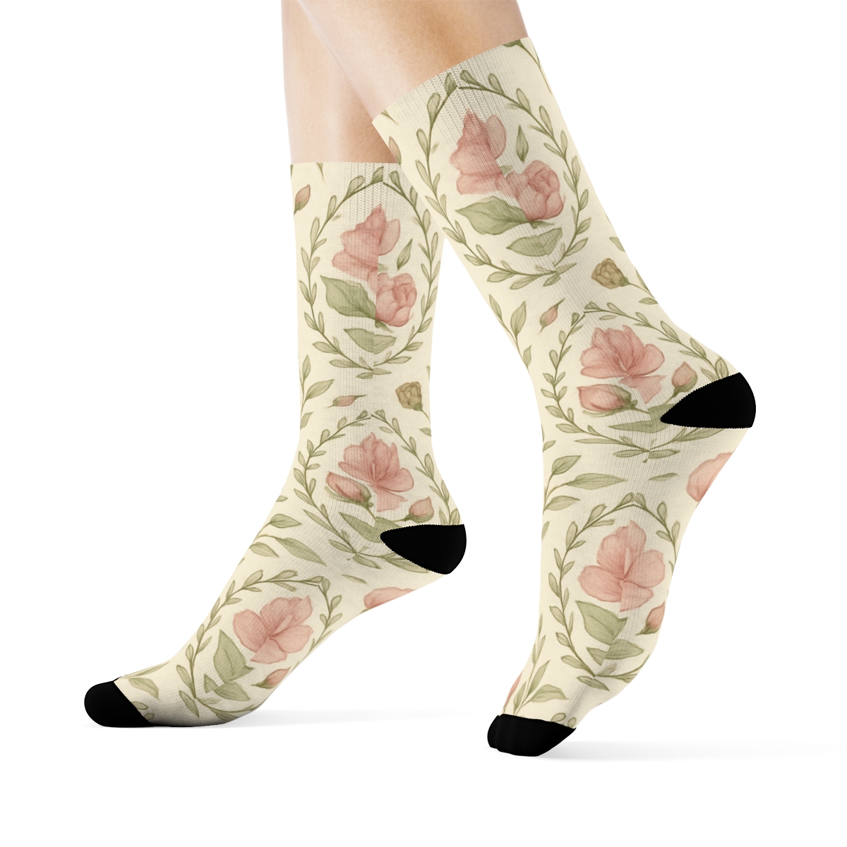 Vintage Peony Herbarium Medallion Tiles On Ivory Background comfortable cotton crew socks