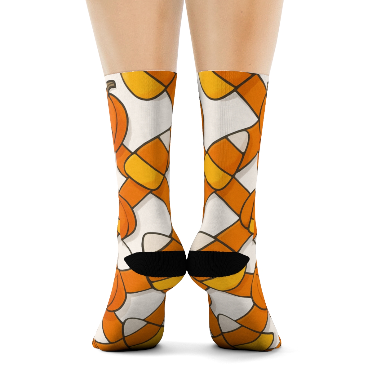 Orange Pumpkin And Candy Corn Diagonal Weave On White Background personalized crew socks