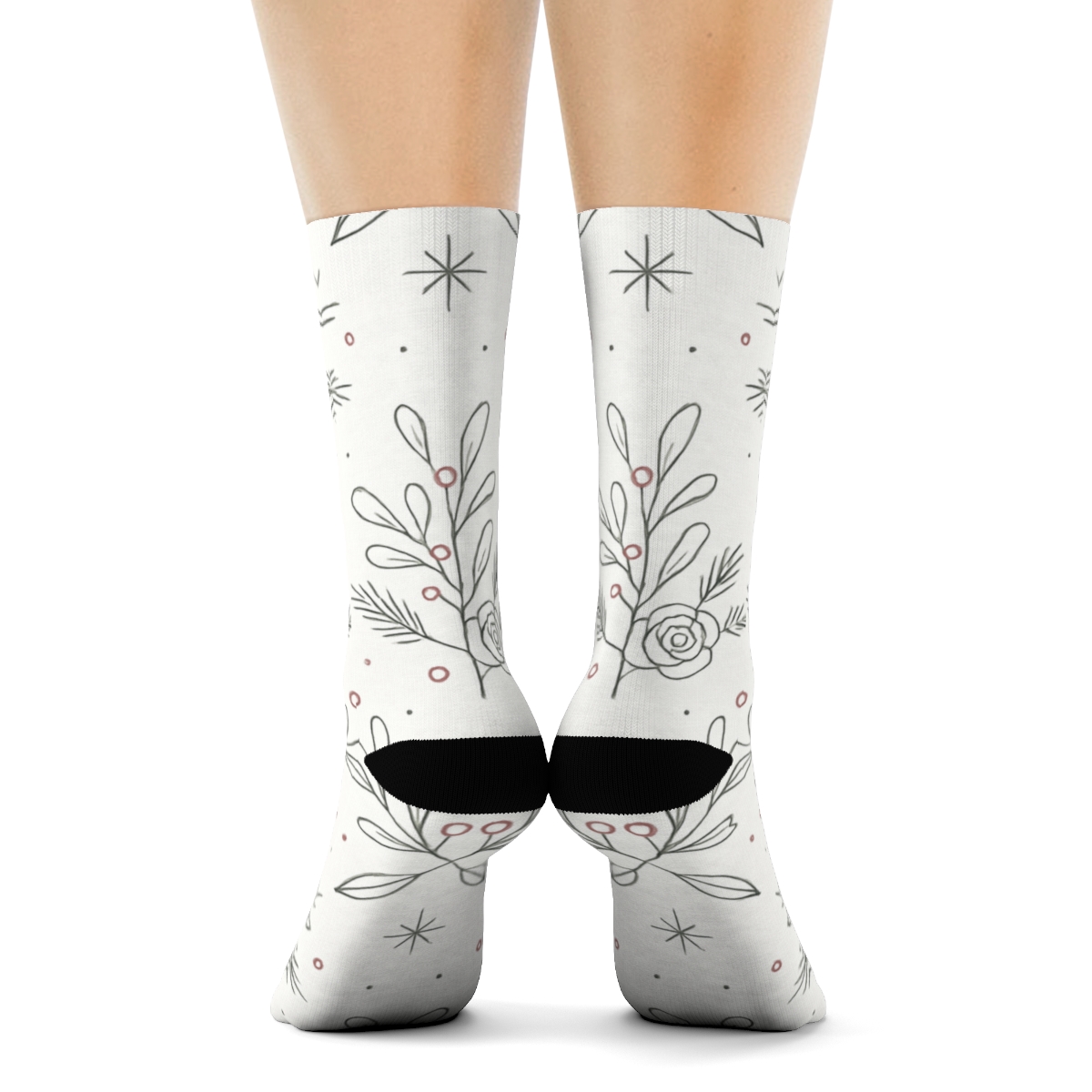 Ivory Mistletoe Line Art Lattice On Snow White Background personalized crew socks