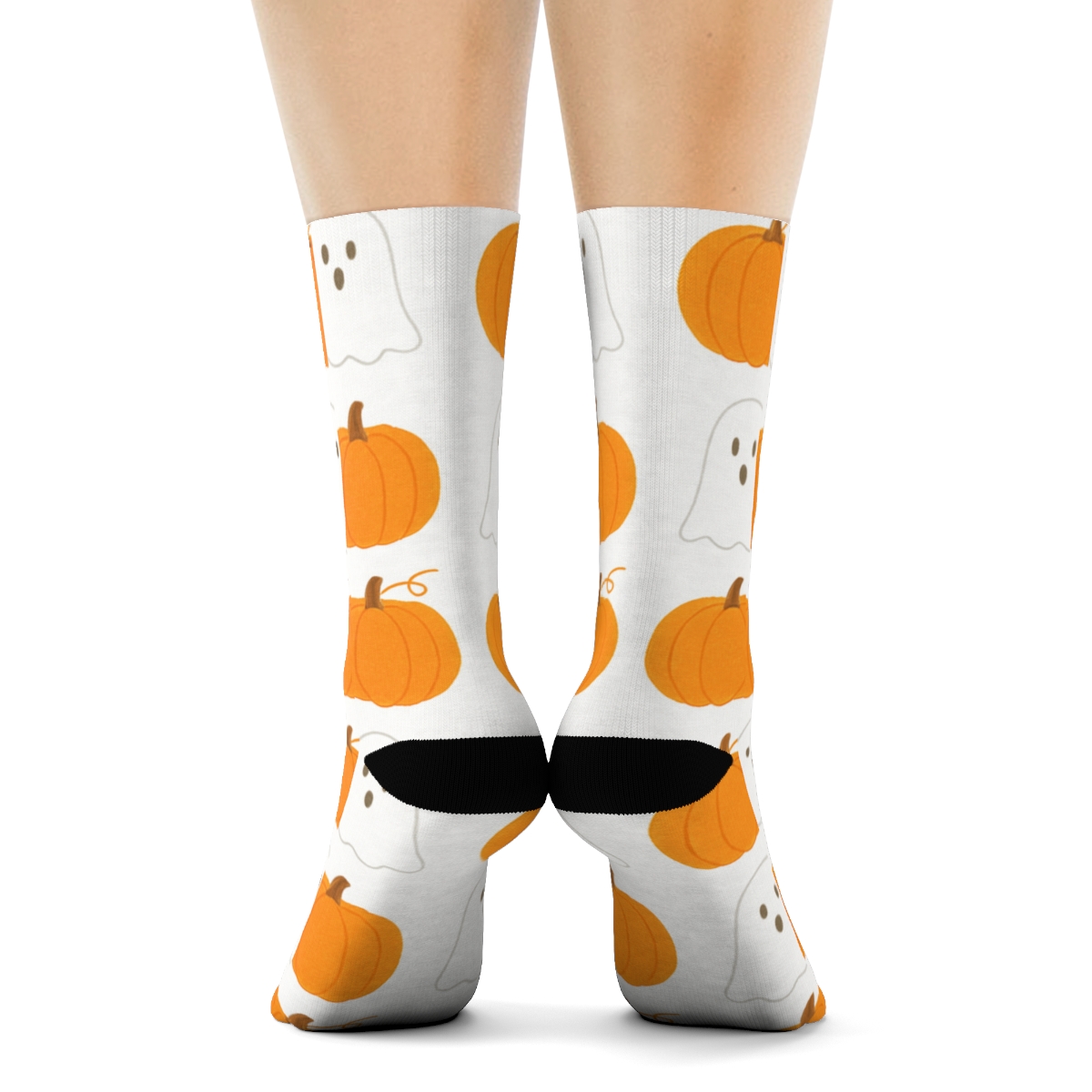 Orange Pumpkin And Ghost Alternating Tile On White Background designer printed crew socks