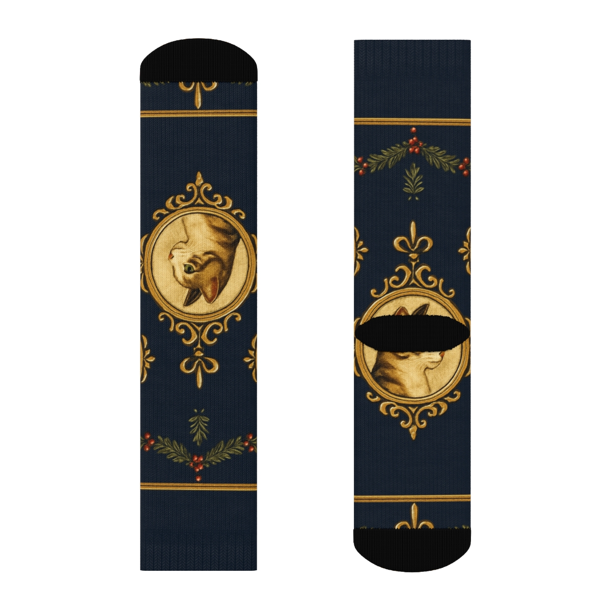 Golden Ornament Cat Parade designer printed crew socks