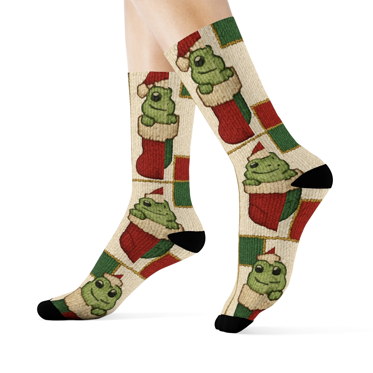 Knitted Stocking Frog Mosaic On Ivory Background trendy patterned crew socks