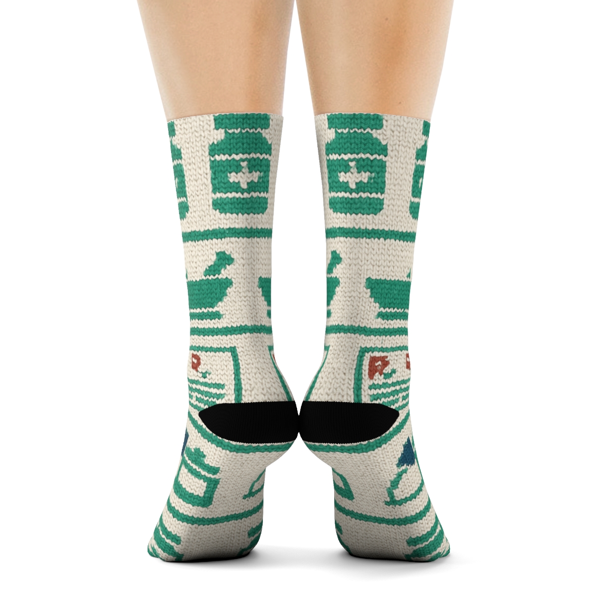 Knitted Shelf Bands With Pharmacist Motifs designer printed crew socks