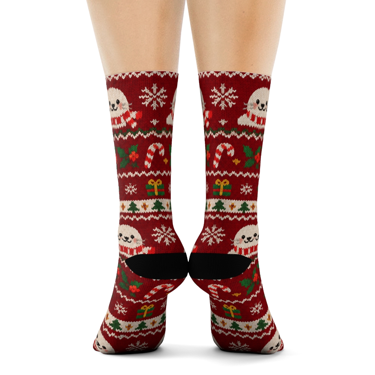 Knitted Seal Candy Cane Snowflake Bands On Cranberry Background premium sports crew socks [AI-a3d02b3c-134c32ad82aa]