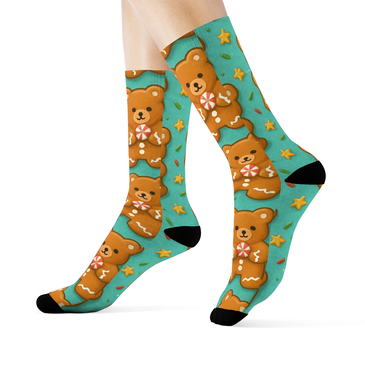 Bear Gingerbread Cookie Tile Repeat On Turquoise Background premium sports crew socksBear Gingerbread Cookie Tile Repeat on Turquoise Background Crew Socks - Image 3