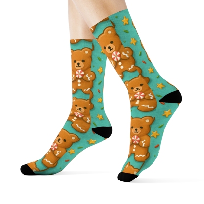 Bear Gingerbread Cookie Tile Repeat On Turquoise Background premium sports crew socks