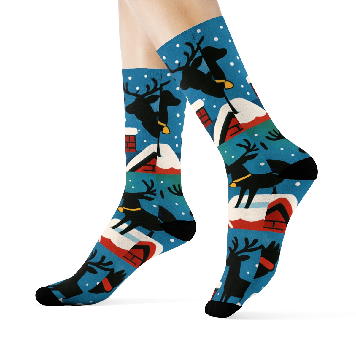 Rooftop Reindeer With Santa Claus Pattern premium sports crew socks