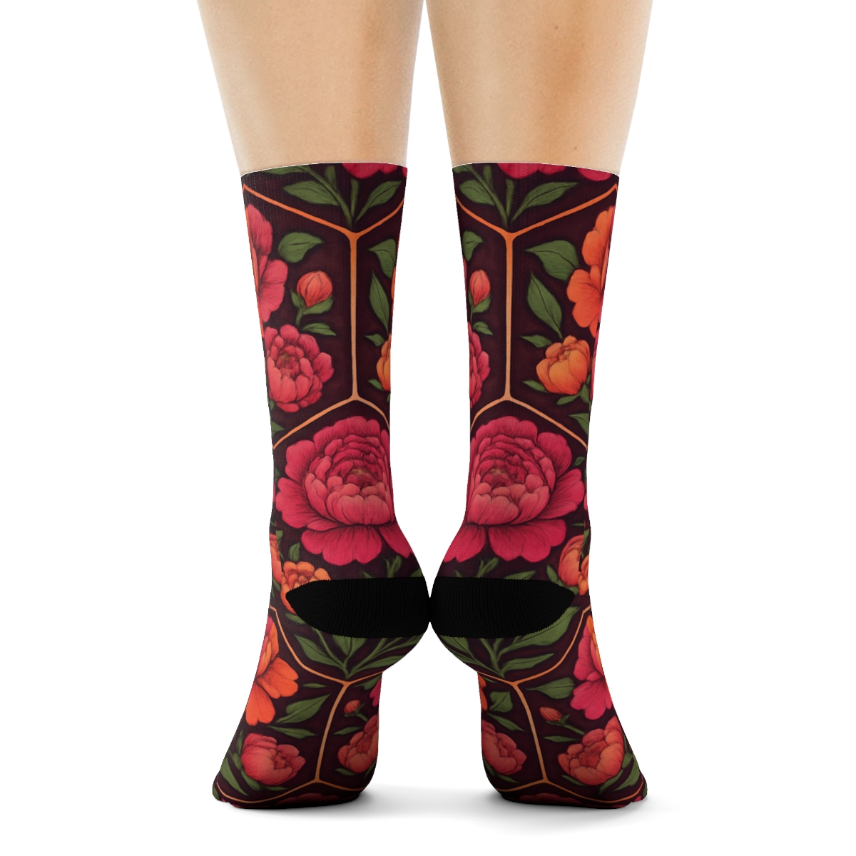 Sunset Peony Medallion Tessellation On Deep Plum Background designer printed crew socks