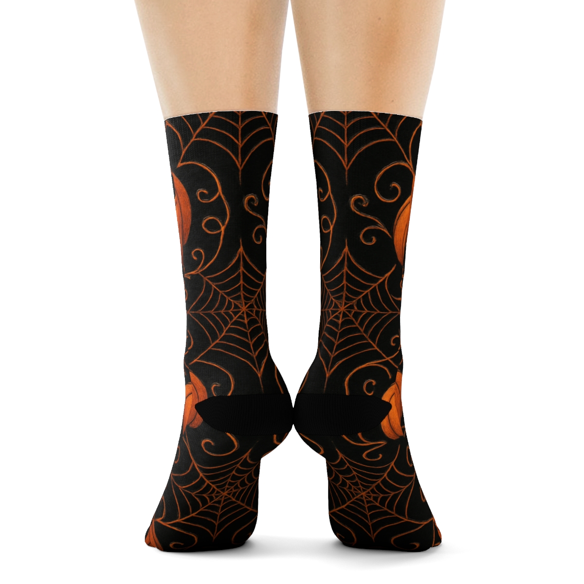 Pumpkin Vine Trellis And Web Overlay On Black Background comfortable cotton crew socks