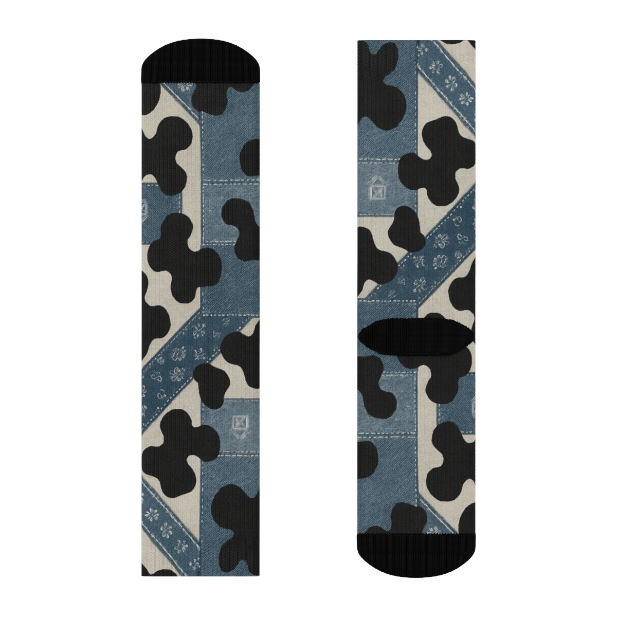 Denim Patchwork Cow Spot Overlay stylish athletic crew socks