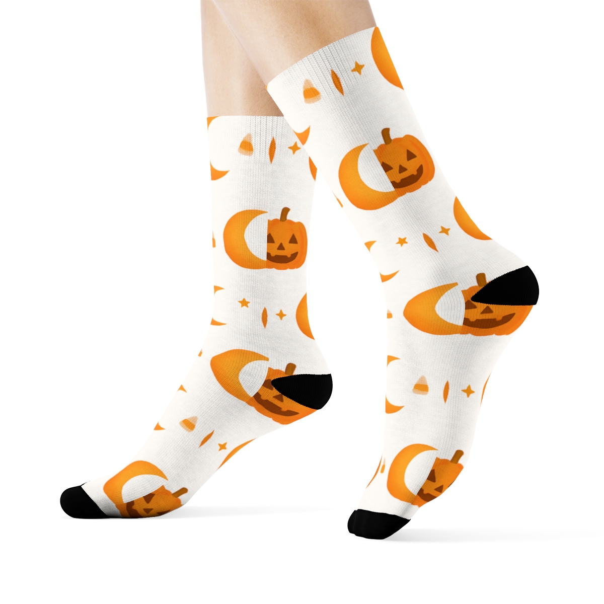 Crescent Moon And Pumpkin Phase Row On White Background designer printed crew socksCrescent Moon and Pumpkin Phase Row on White Background Crew Socks - Image 3