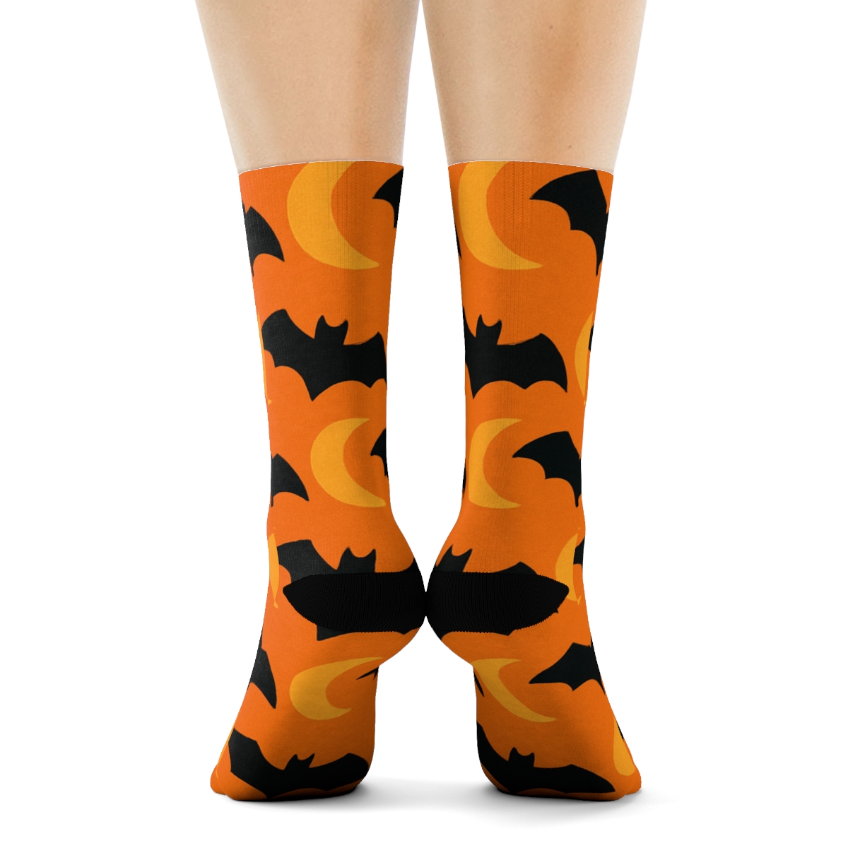 Crescent Moon Glow And Bat Parade On Orange Background soft everyday crew socks