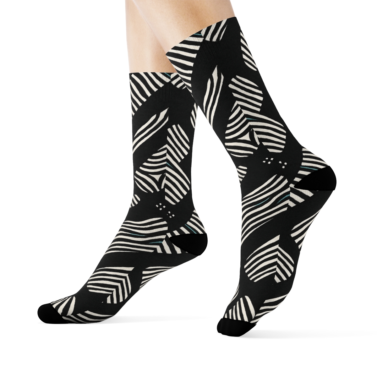 Teal Stripe Inlay Fragment Tessellation On Deep Black soft everyday crew socks