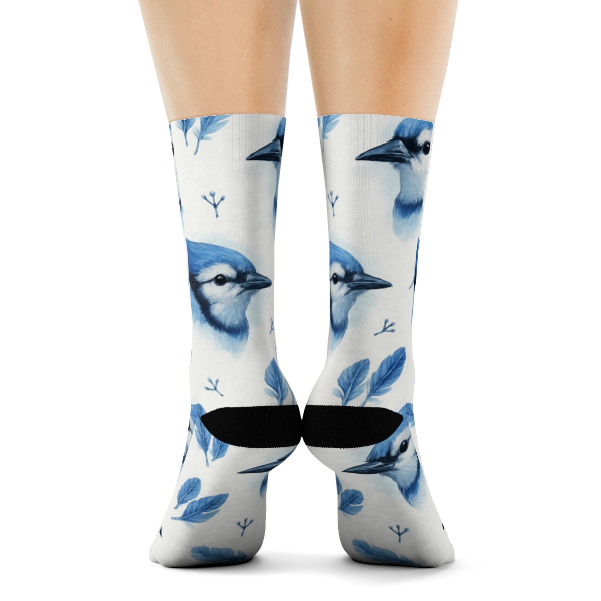 Blue Jay Crest Portrait Scatter On White Background designer printed crew socks