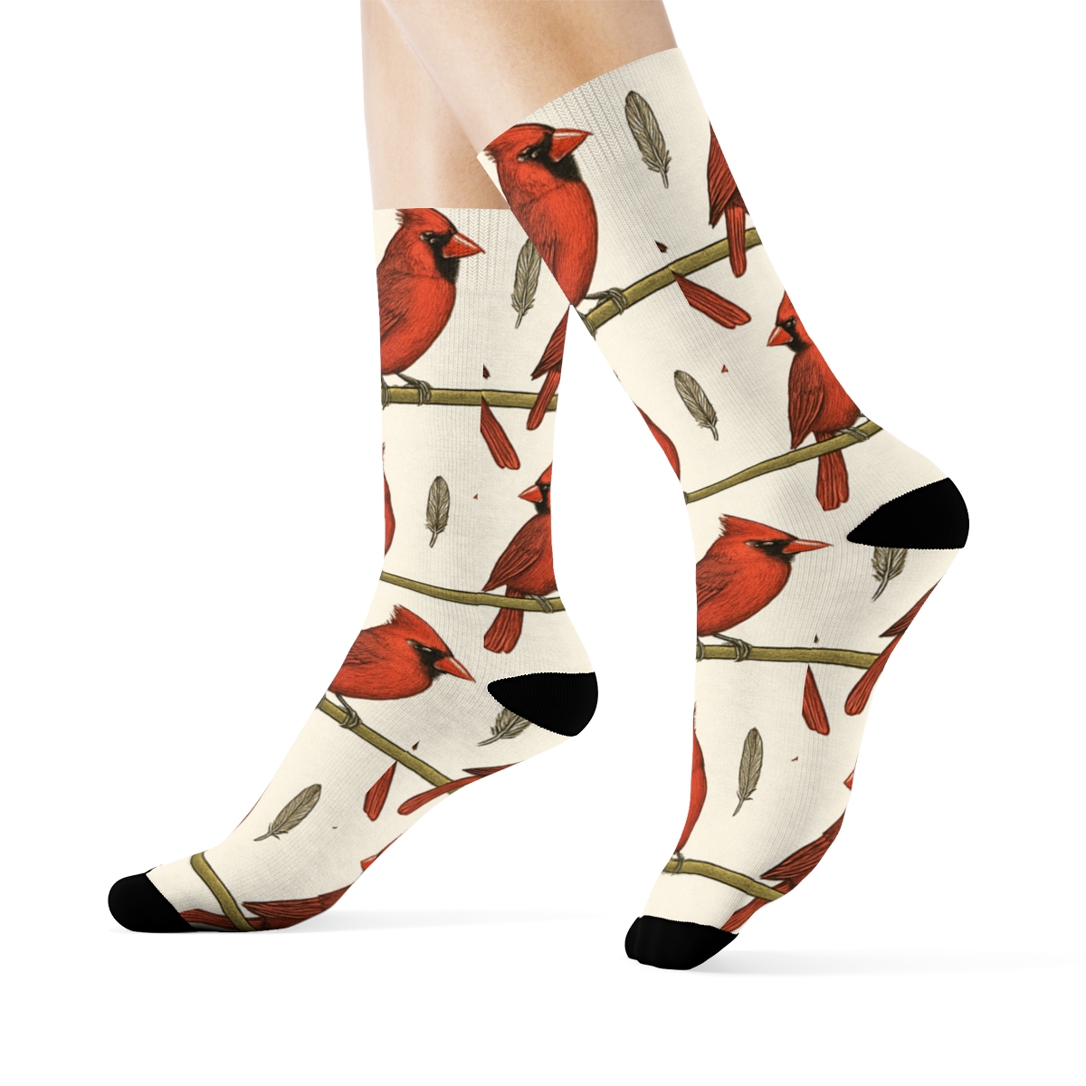 Crimson Cardinal Perch Stripe On Snow White Background trendy patterned crew socks