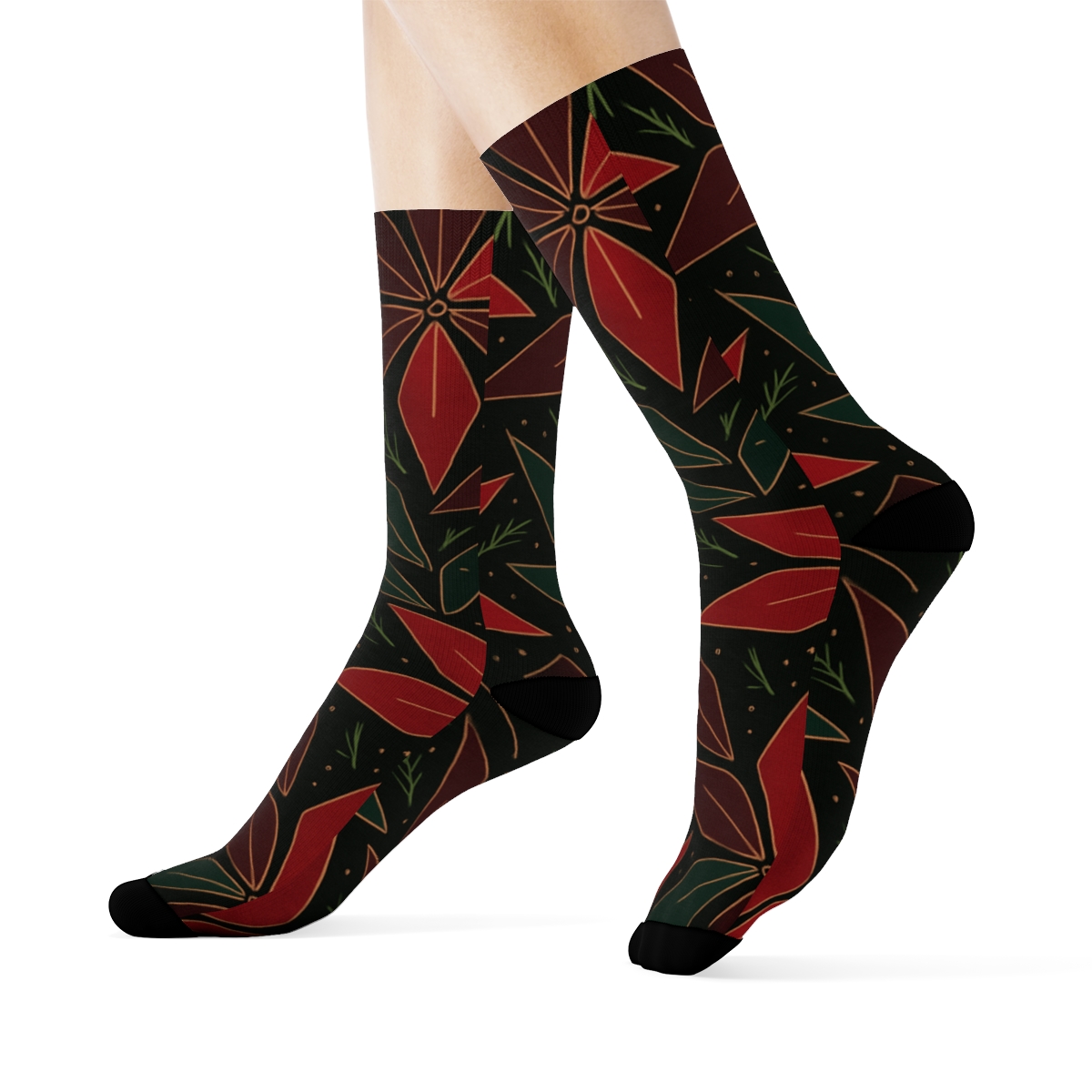Crimson Poinsettia Star Chevron On Black Night trendy patterned crew socks