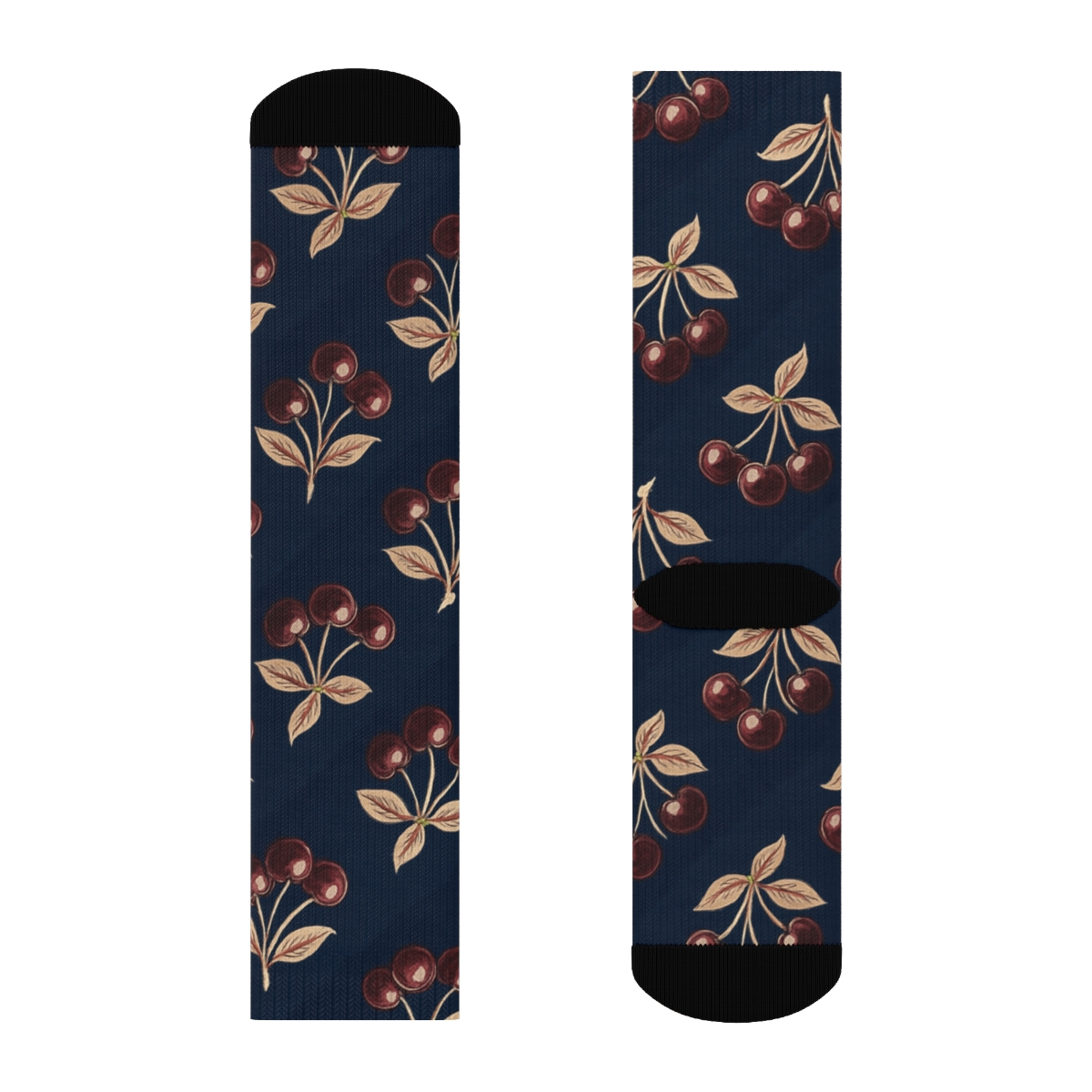 Diagonal Cherry Cluster Bands On Navy Blue designer printed crew socks