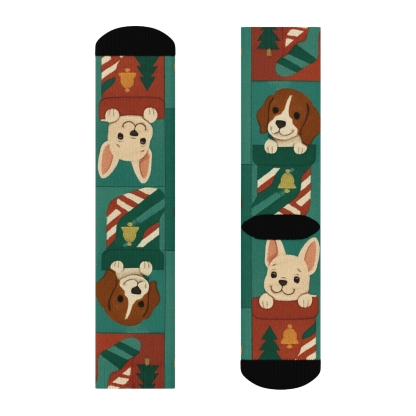Dog Stocking Patchwork Repeat On Teal Background soft everyday crew socks