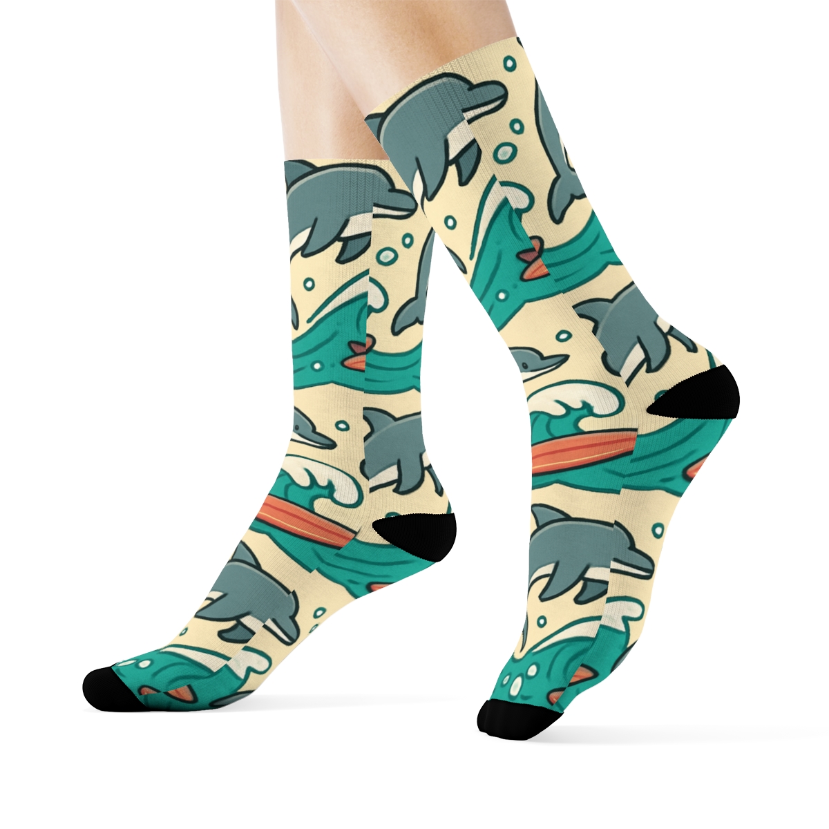 Dolphin Surf Parade On Sandy Beige premium sports crew socks
