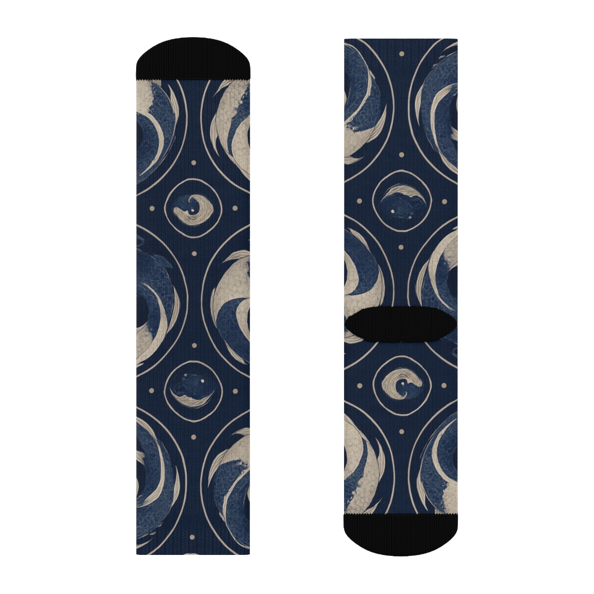 Dual Koi Circle Progression On Deep Indigo designer printed crew socks